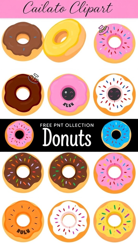 A vibrant assortment of donut clipart including glazed, chocolate, and sprinkled donuts.